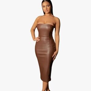 Strapless brown/ camel pleather dress